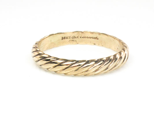 Vintage 14k Yellow Gold ArtCarved Wood Ribbed Twist Wedding Band, Solid Gold 3.7 MM Stacking Ring, Size 10