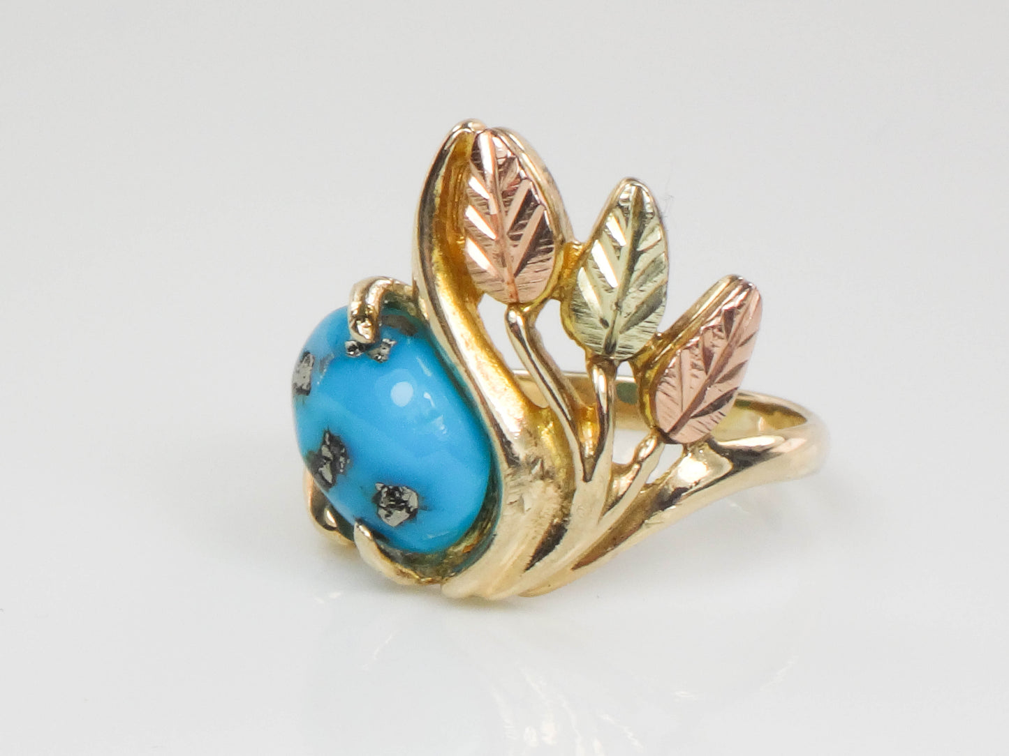 Vintage 10k Yellow and Rose Gold Turquoise Ring with Leaves and Berries, Size 4