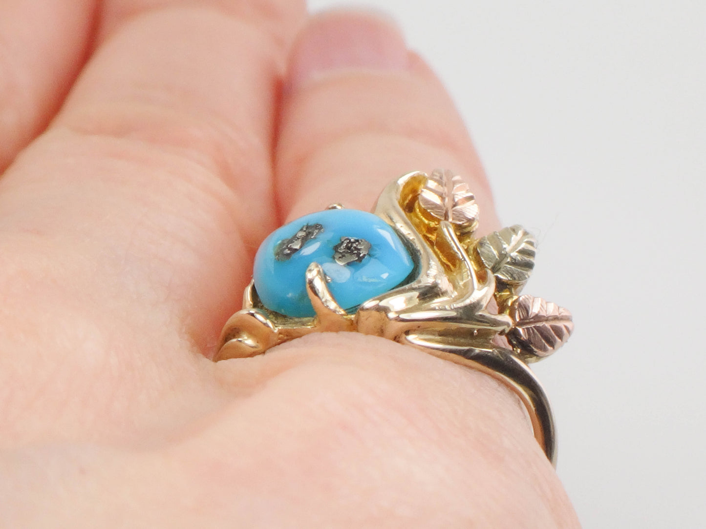 Vintage 10k Yellow and Rose Gold Turquoise Ring with Leaves and Berries, Size 4