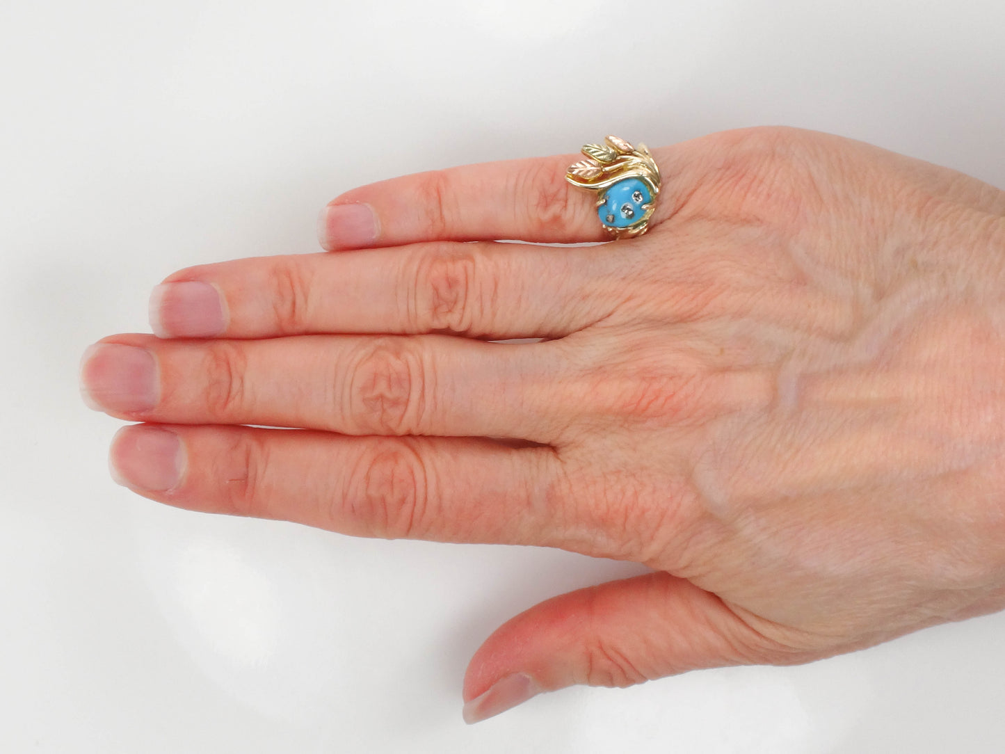 Vintage 10k Yellow and Rose Gold Turquoise Ring with Leaves and Berries, Size 4