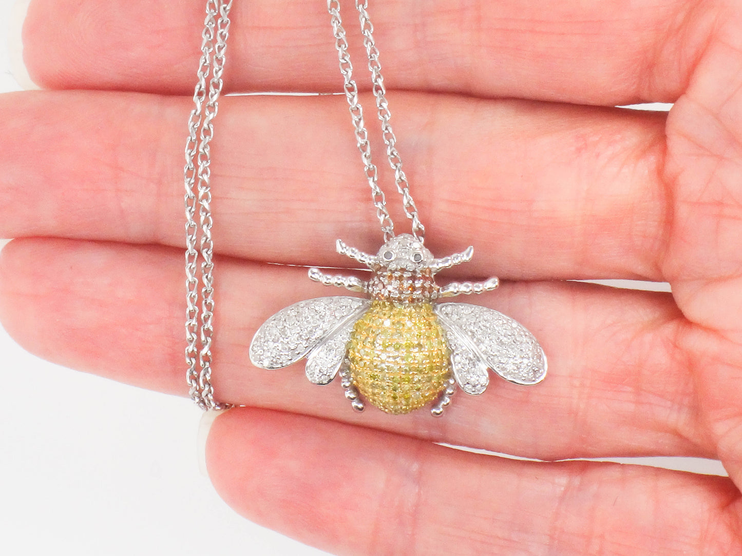 Vintage 14k Gold Diamond Bee Necklace, Large Jeweled Bumble Bee Pendant, Approx 1 Carat TDW