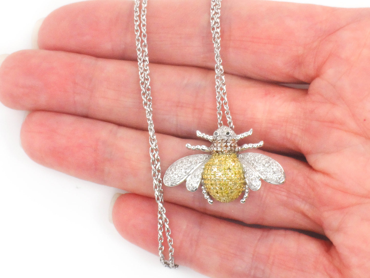 Vintage 14k Gold Diamond Bee Necklace, Large Jeweled Bumble Bee Pendant, Approx 1 Carat TDW