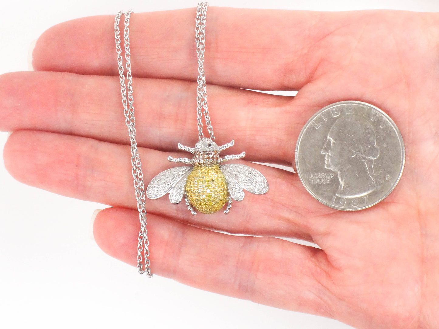 Vintage 14k Gold Diamond Bee Necklace, Large Jeweled Bumble Bee Pendant, Approx 1 Carat TDW