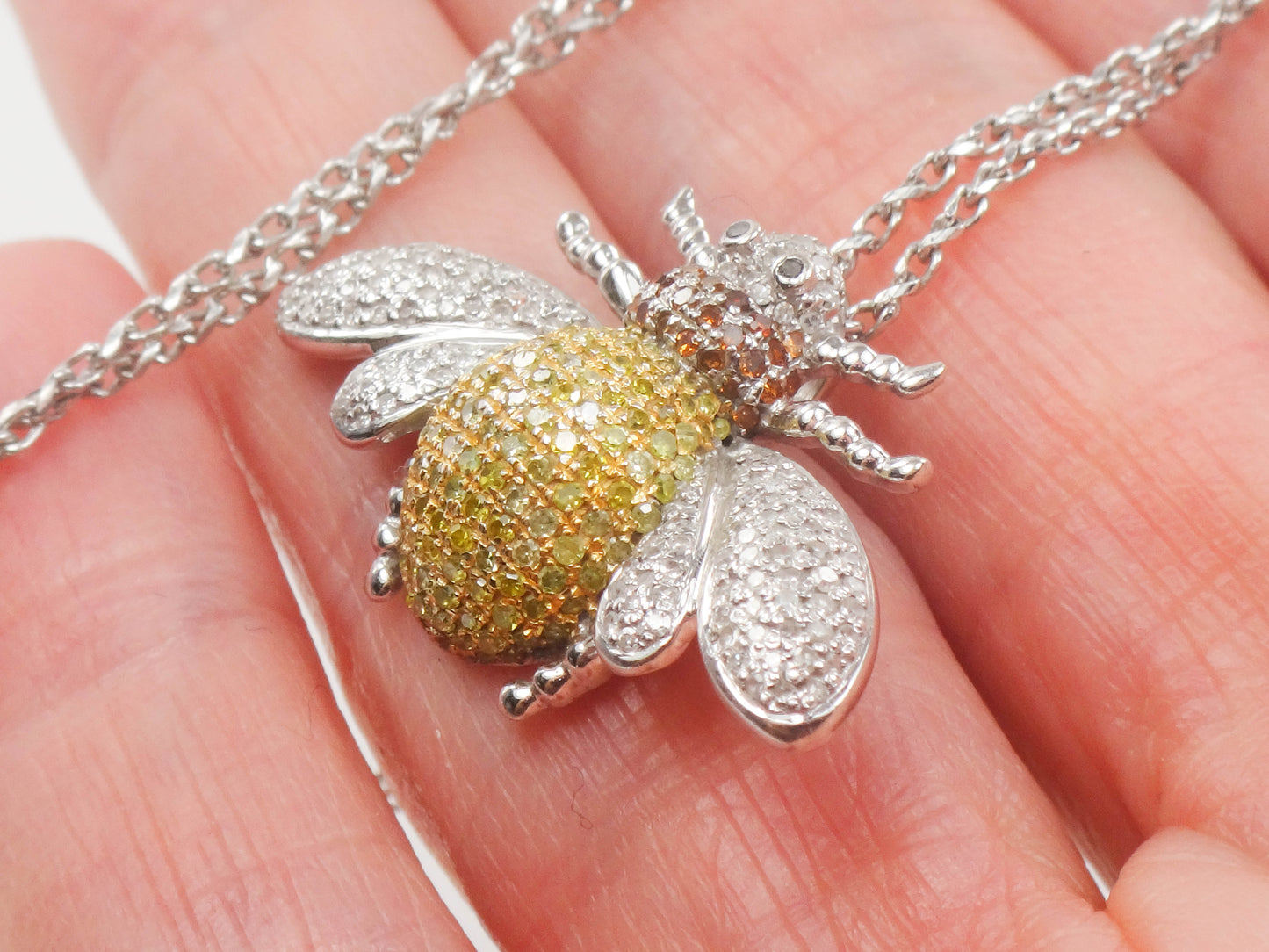 Vintage 14k Gold Diamond Bee Necklace, Large Jeweled Bumble Bee Pendant, Approx 1 Carat TDW