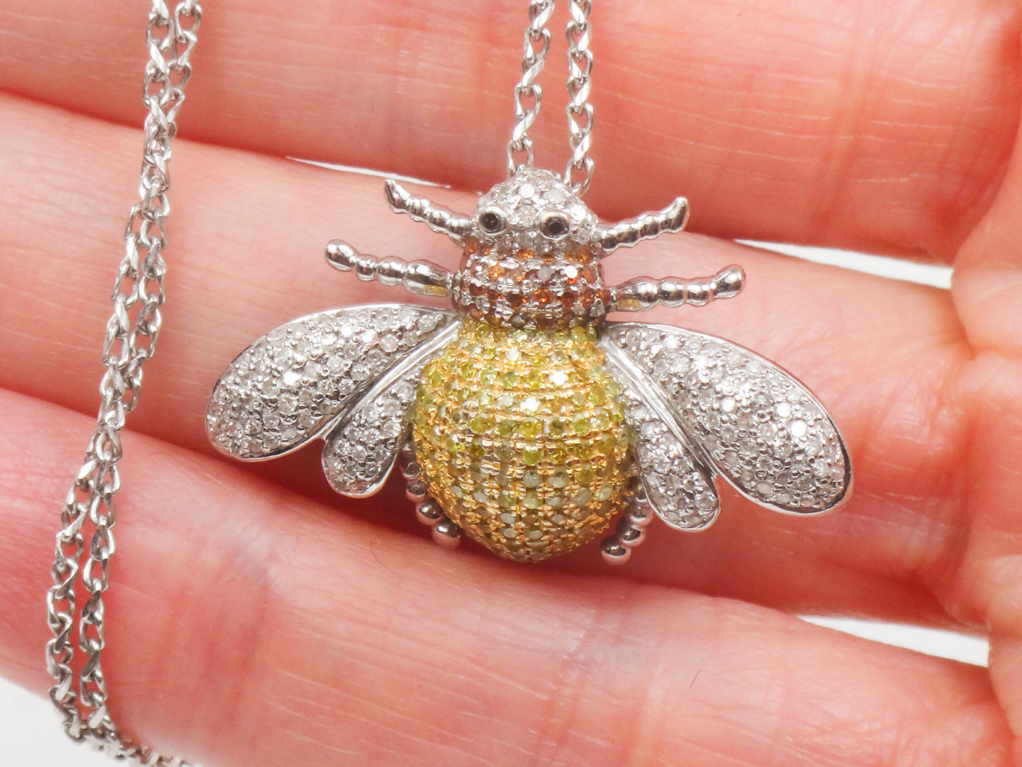 Vintage 14k Gold Diamond Bee Necklace, Large Jeweled Bumble Bee Pendant, Approx 1 Carat TDW