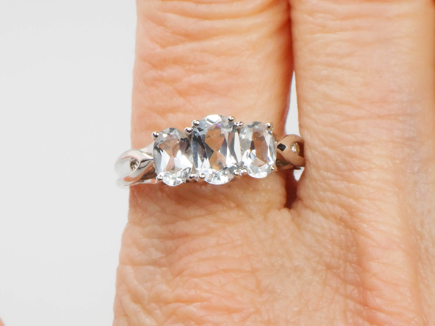 Estate 14k White Gold Aquamarine and Diamond Ring, Three Stone March Birthstone Ring