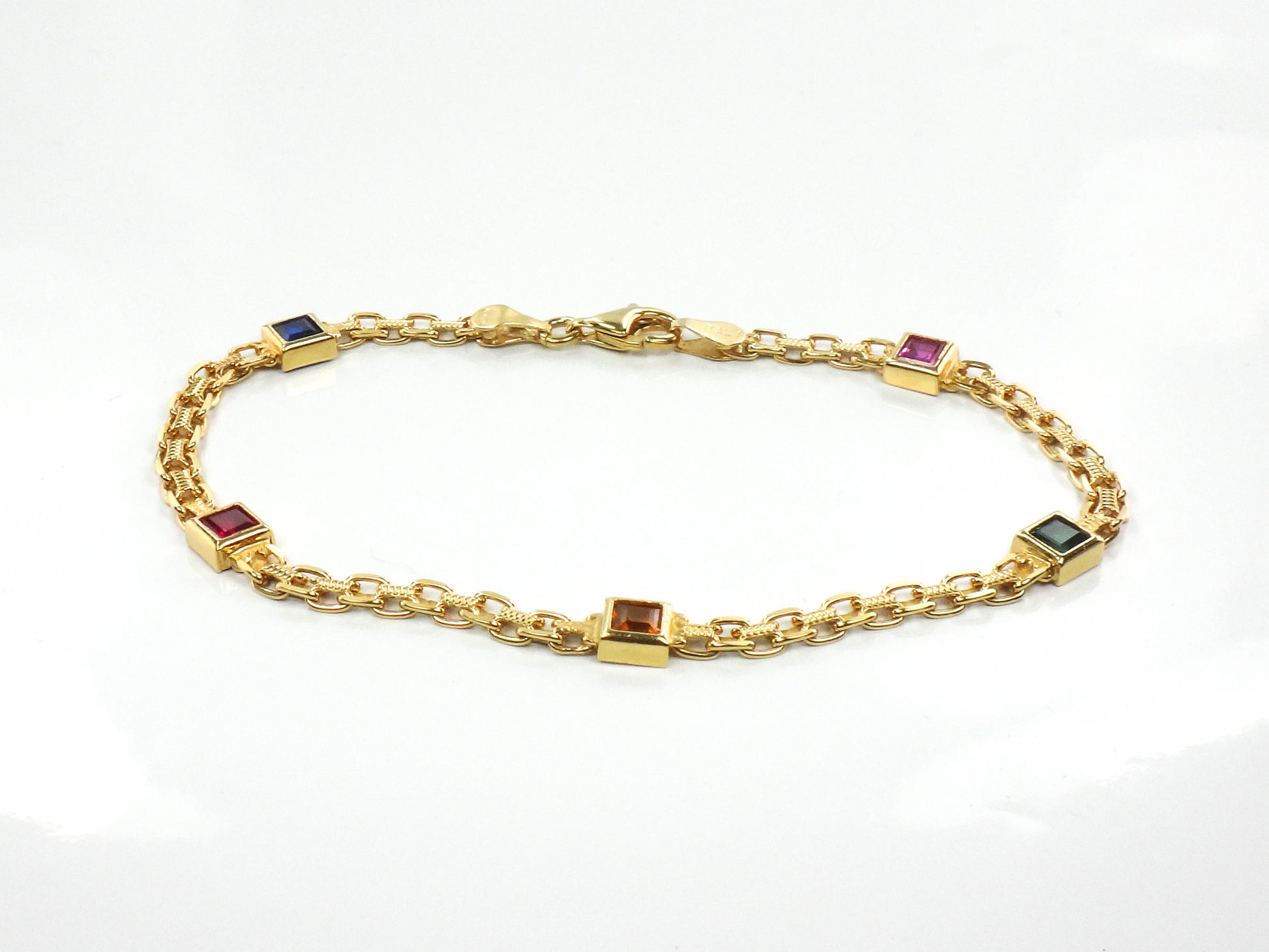 Estate 14k Yellow Gold Multi-Colored Gemstone Bismark Bracelet 8"