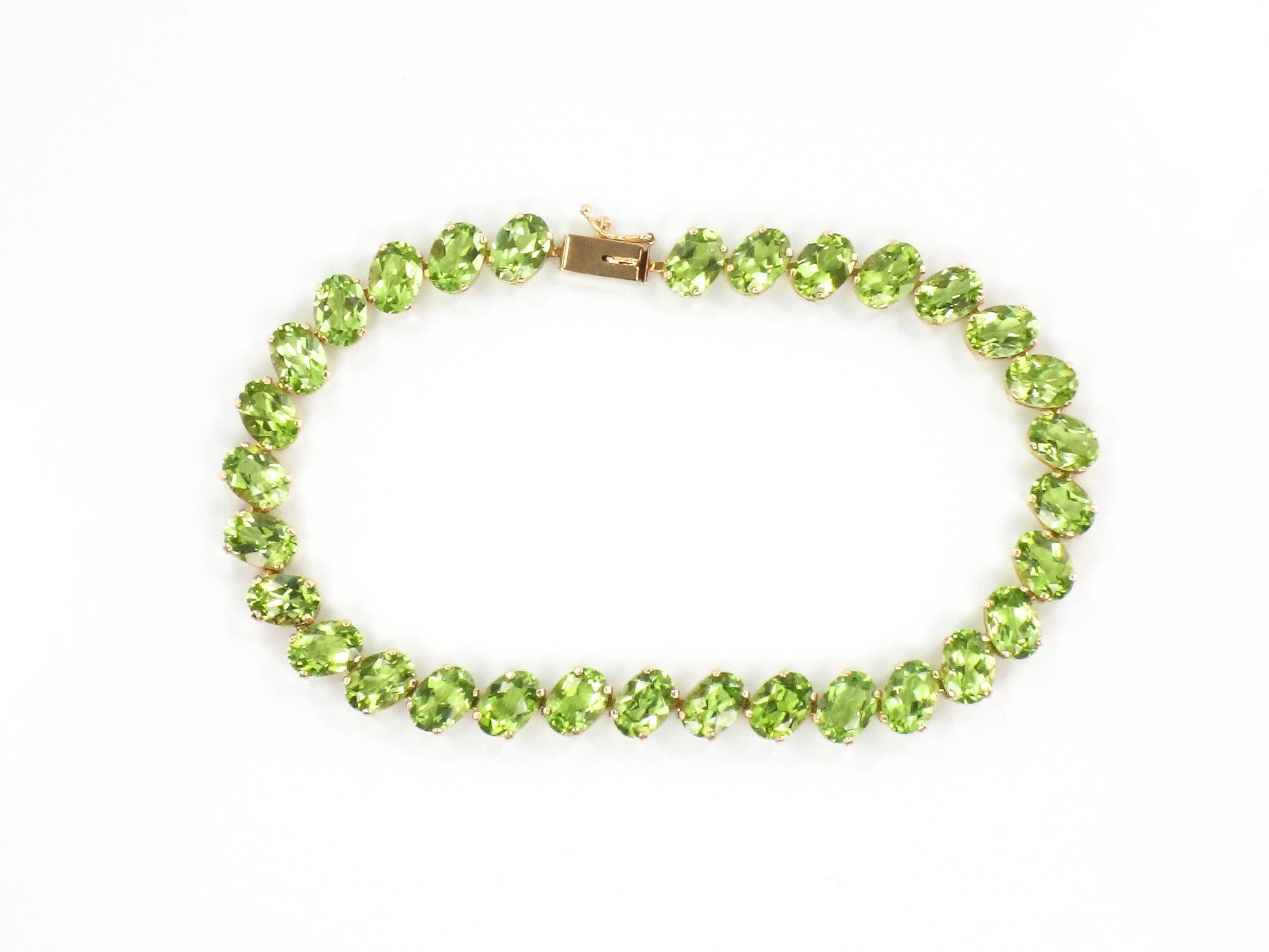 Estate 14k Yellow Gold Oval Peridot Tennis Bracelet, Green Stone Bracelet, 8"