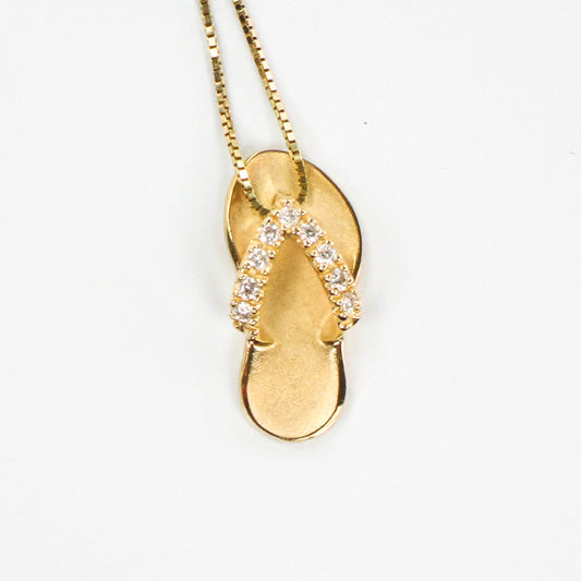 Na Hoku Hawaiin 14k Gold and Diamond Slipper Pendant Necklace, Yellow Gold Flip-Flop Sandal Charm 16", Pre-Owned