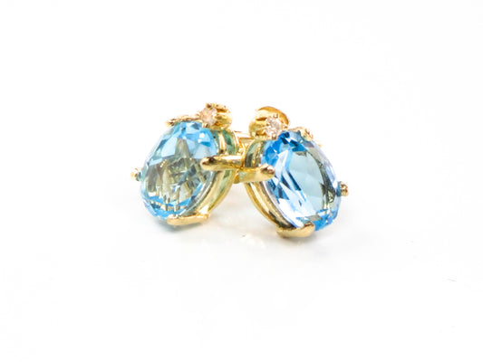 Pre-Owned 14k Yellow Gold Blue Topaz Stud Earrings with White Sapphire Accents, Oval December Birthstone Studs