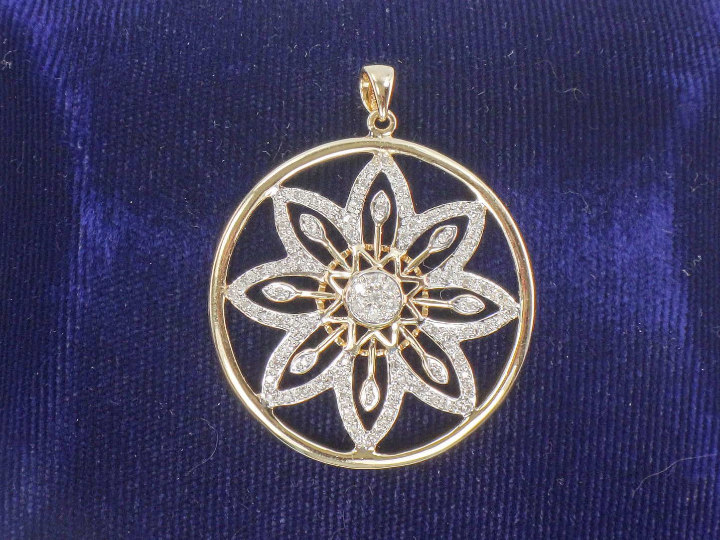 Vintage 14k Solid Gold Diamond Flower Pendant, Clyde Duneier Large Round Gold Pendant