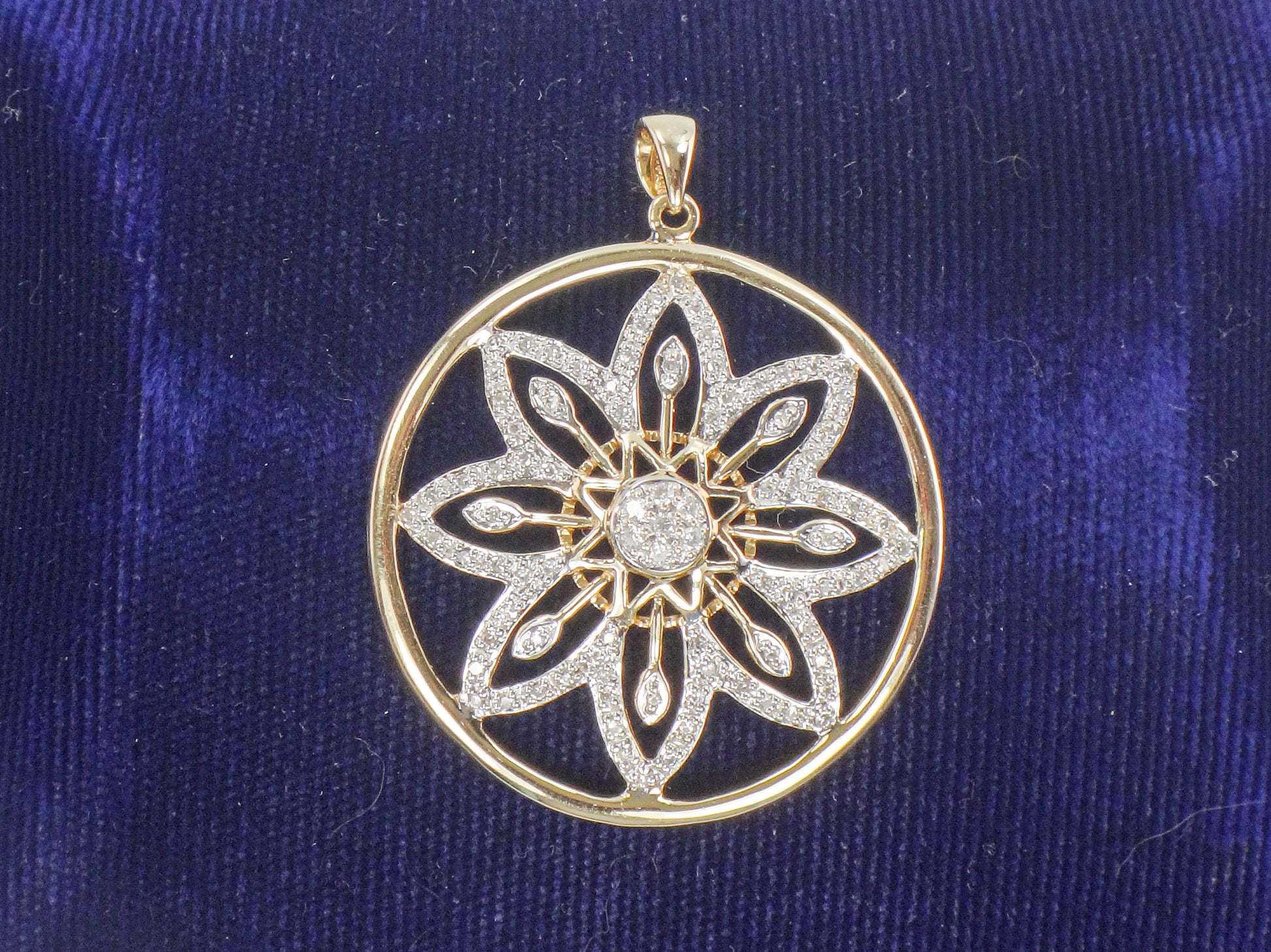 Vintage 14k Solid Gold Diamond Flower Pendant, Clyde Duneier Large Round Gold Pendant