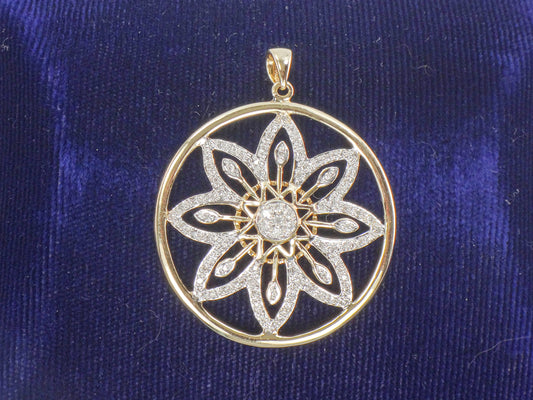 Vintage 14k Solid Gold Diamond Flower Pendant, Clyde Duneier Large Round Gold Pendant
