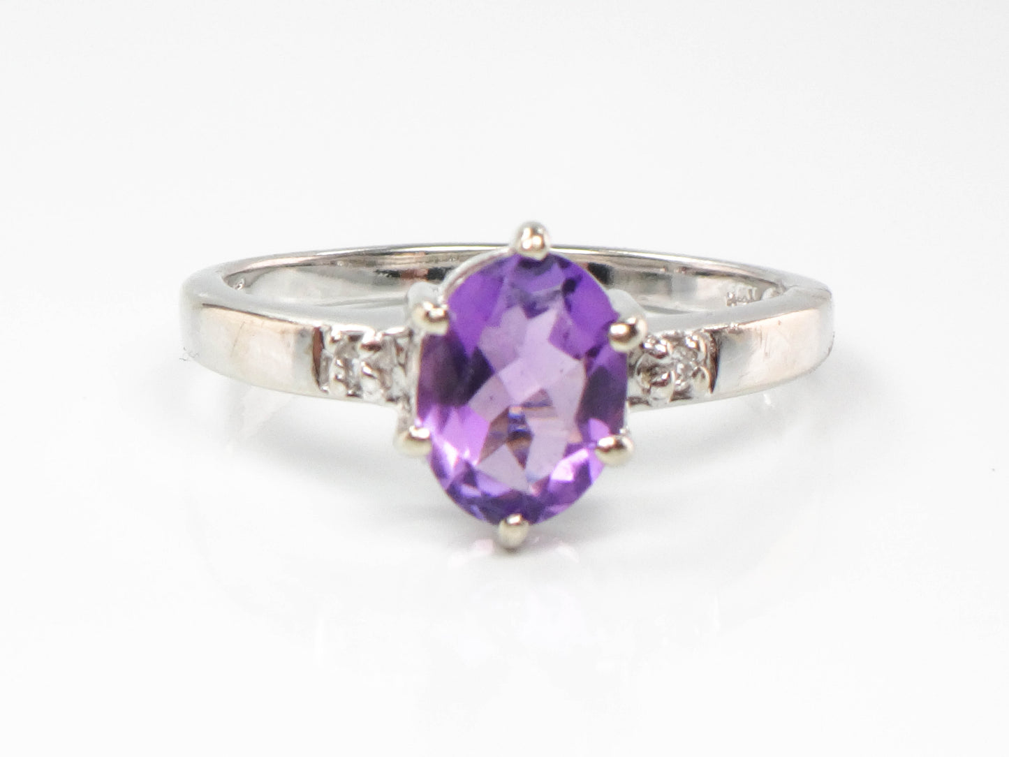 Vintage 14k White Gold Natural Amethyst and Diamond Ring, Purple February Birthstone Ring