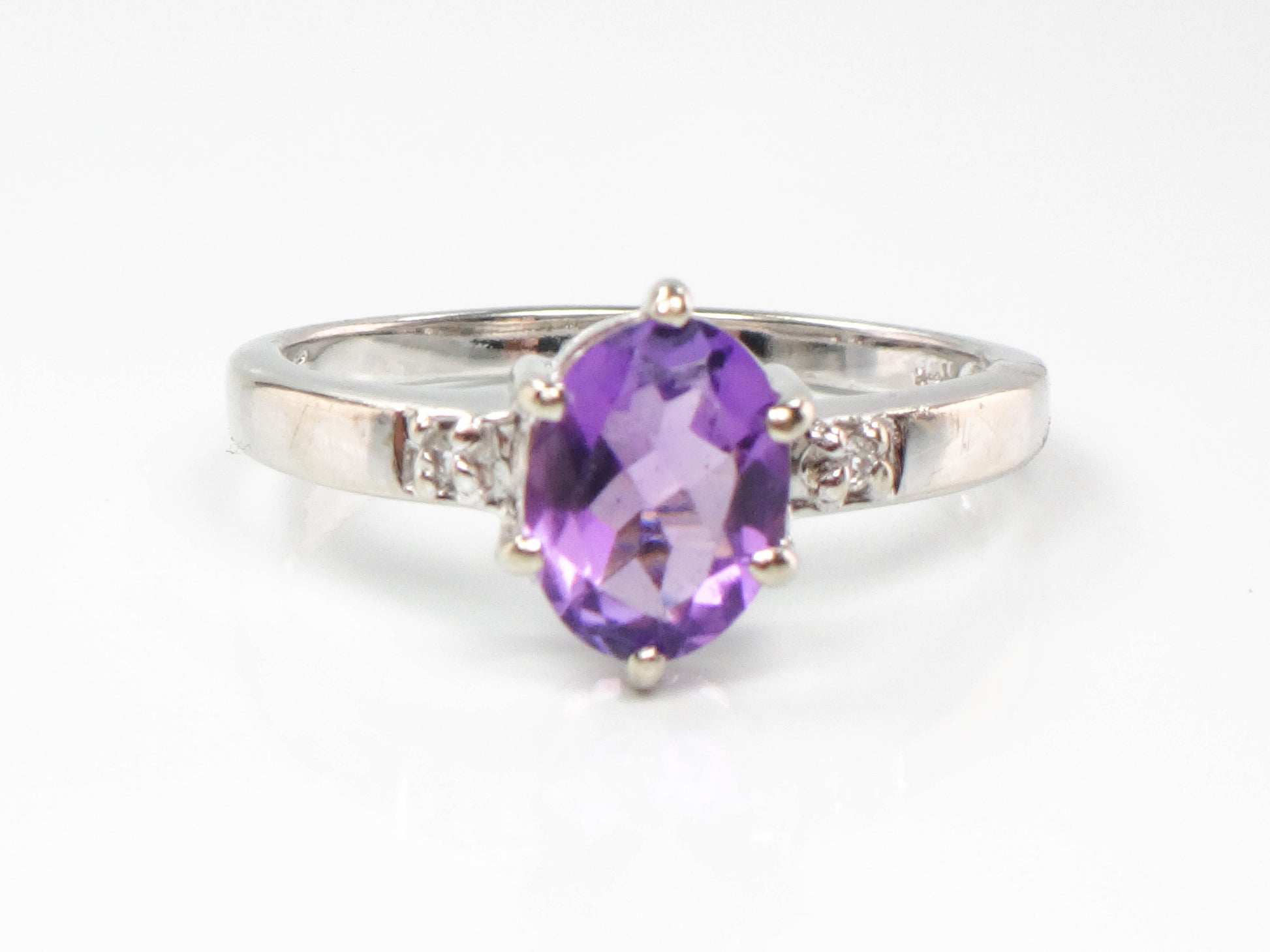 Vintage 14k White Gold Natural Amethyst and Diamond Ring, Purple February Birthstone Ring
