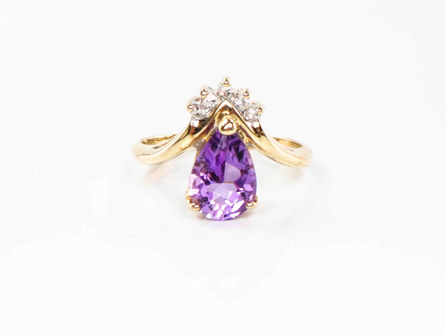 Vintage 14k Yellow Gold Pear Cut Amethyst Diamond Ring, February Birthstone Ring, Pinky Ring Size 3.5