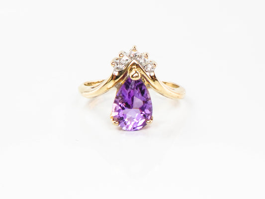 Vintage 14k Yellow Gold Pear Cut Amethyst Diamond Ring, February Birthstone Ring, Pinky Ring Size 3.5