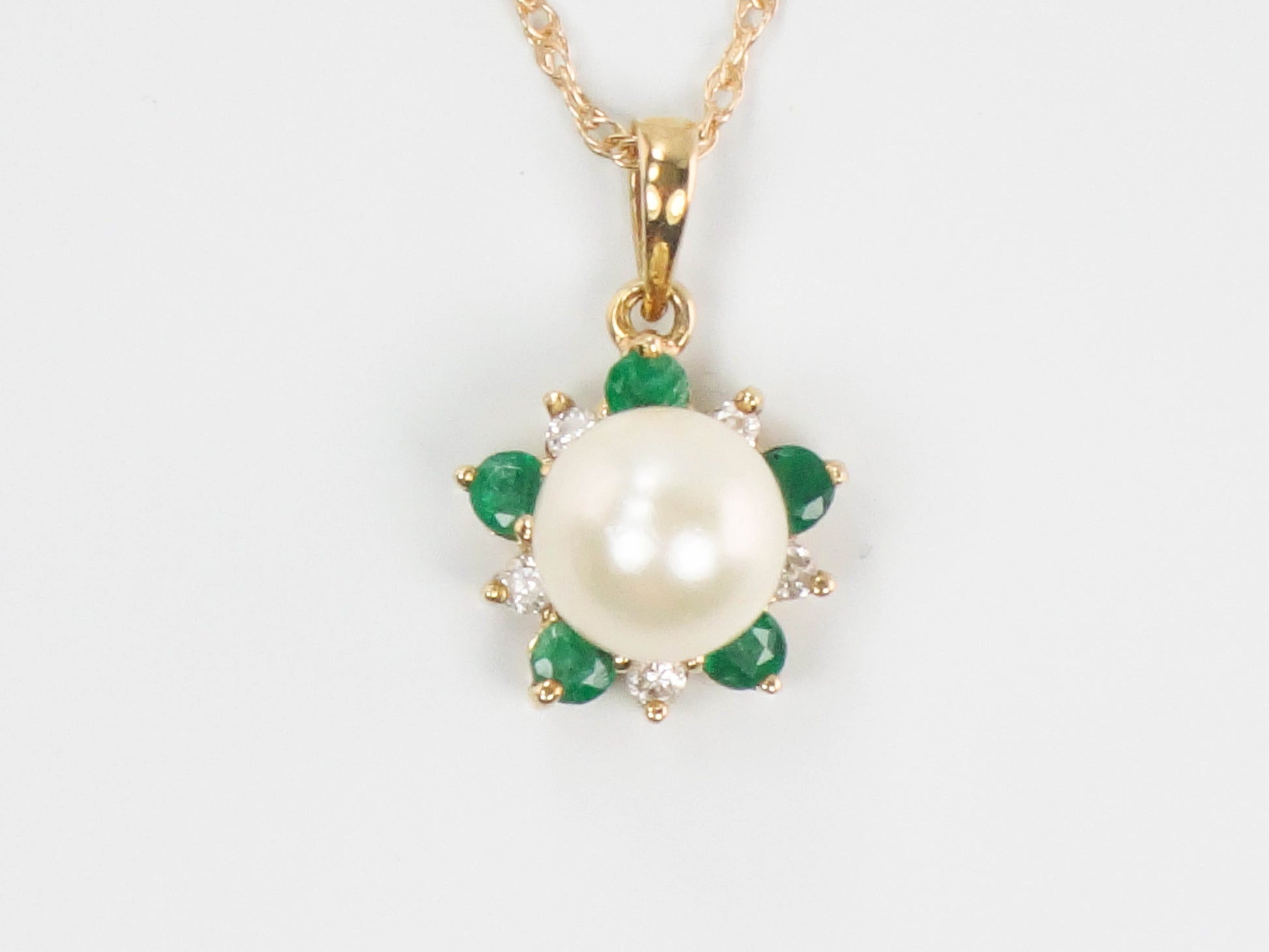Vintage 14k Yellow Gold Pearl, Emerald and Diamond Necklace, Cultured Pearl Halo Pendant, Bridal Necklace 16"