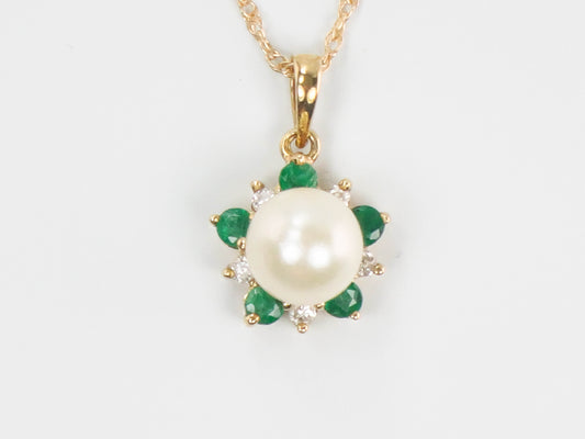 Vintage 14k Yellow Gold Pearl, Emerald and Diamond Necklace, Cultured Pearl Halo Pendant, Bridal Necklace 16"