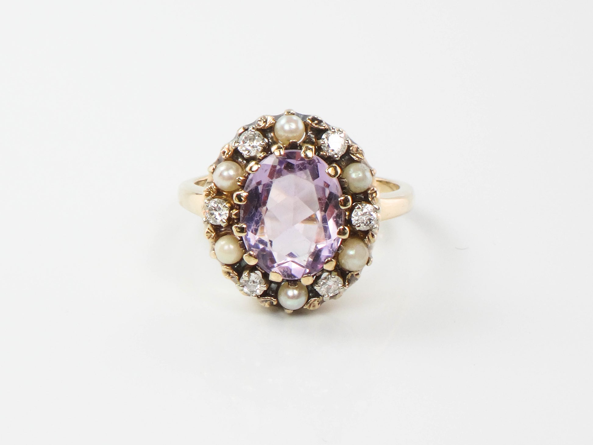 Vintage 14k Yellow Gold Pink Amethyst, Diamond and Pearl Halo Ring, Size 7 February Birthstone Ring