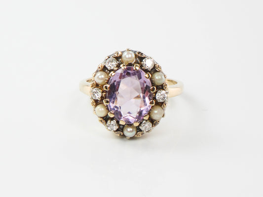 Vintage 14k Yellow Gold Pink Amethyst, Diamond and Pearl Halo Ring, Size 7 February Birthstone Ring