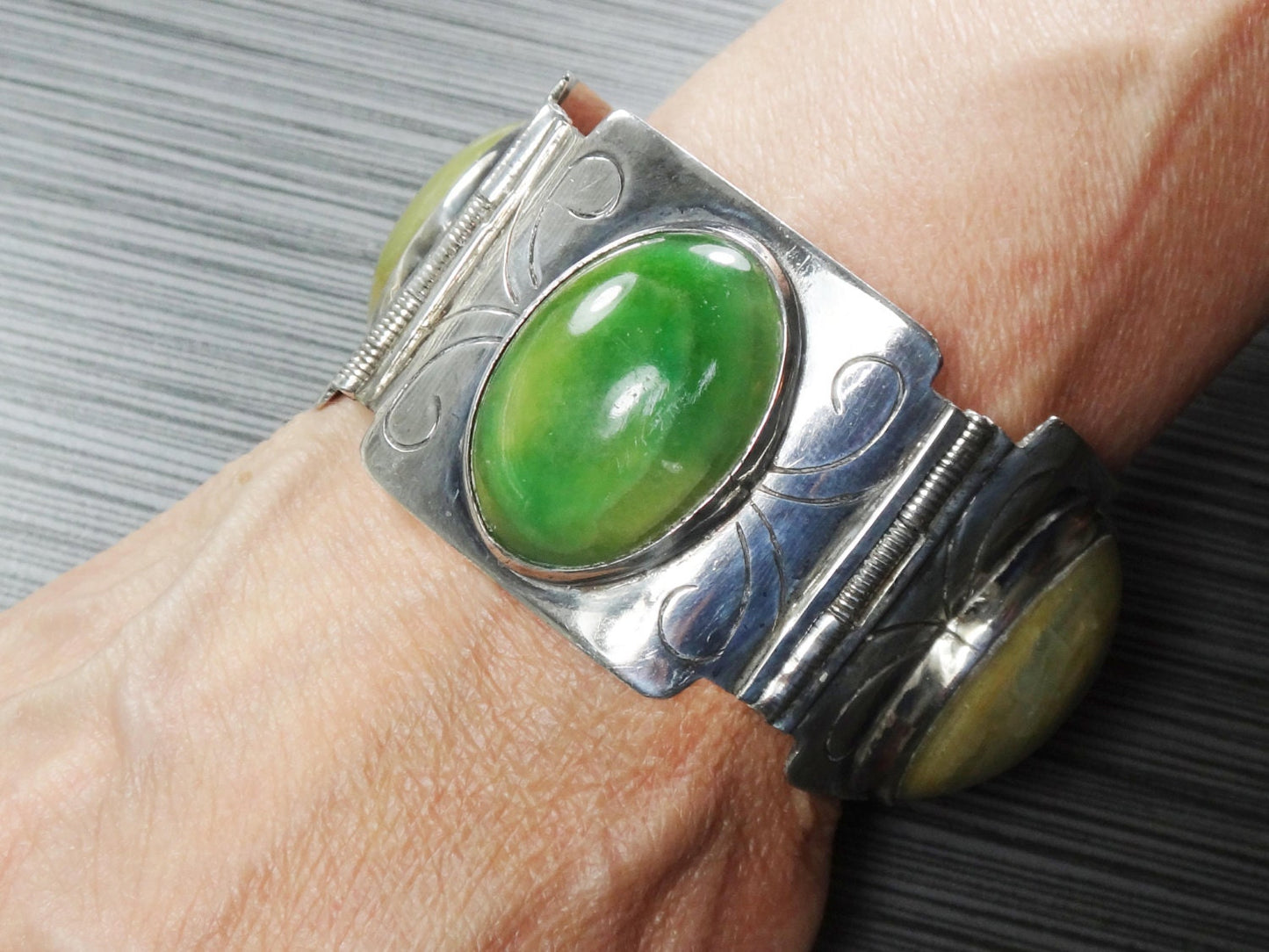 Vintage Wide Sterling Silver Green Stone Bracelet Made in Mexico
