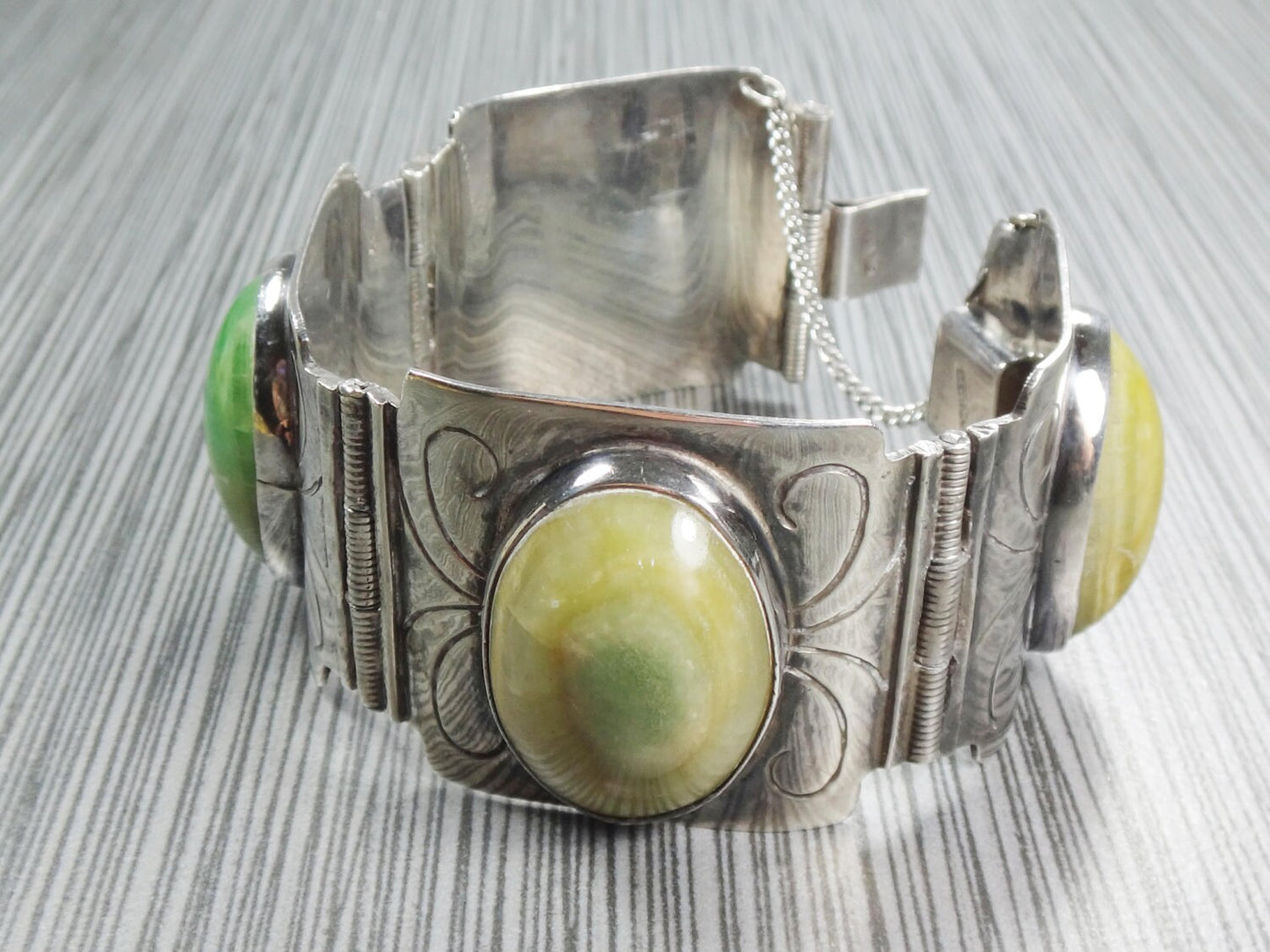 Vintage Wide Sterling Silver Green Stone Bracelet Made in Mexico
