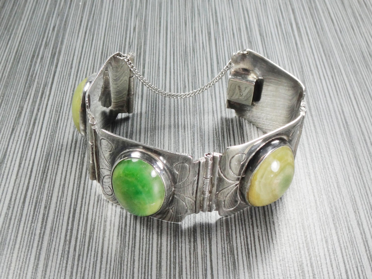 Vintage Wide Sterling Silver Green Stone Bracelet Made in Mexico