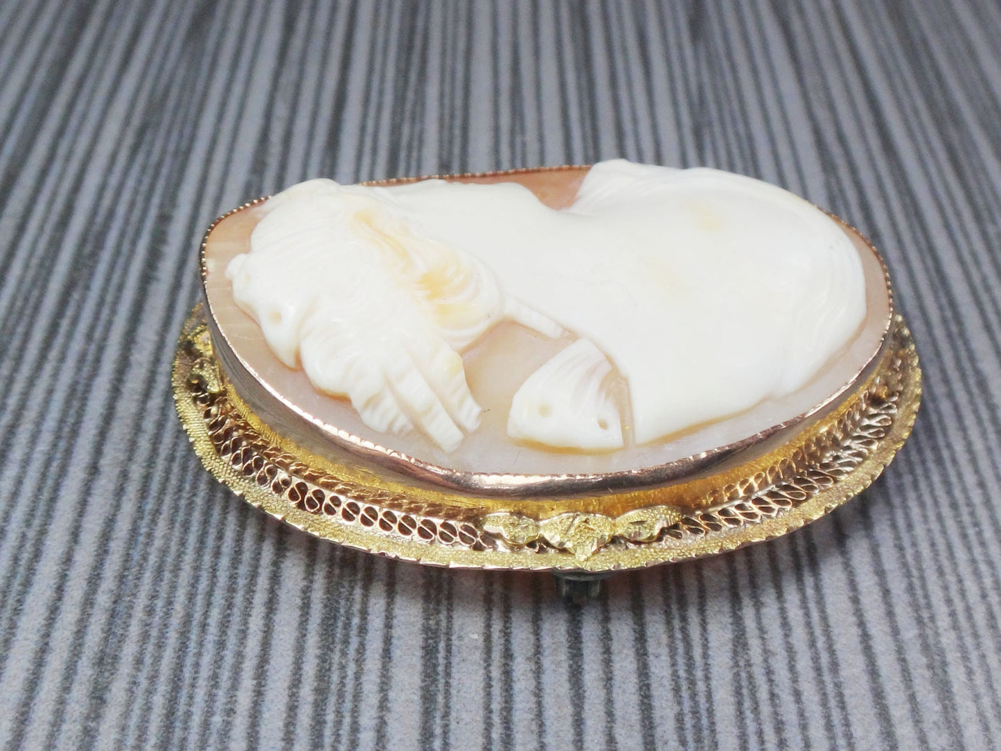Large 10k Gold Shell Cameo Pendant Pin Hand Carved Goddess Psyche Butterfly Shell Cameo - Filigree Art Deco Circa 1920's