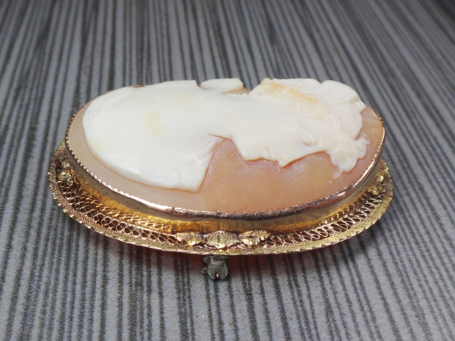 Vintage 10k Gold Shell Cameo Pendant Pin: Goddess Psyche Butterfly, Art Deco Filigree