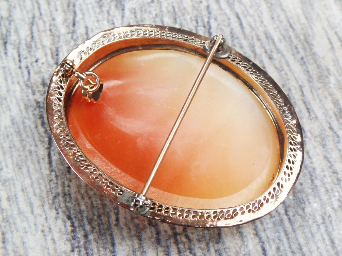 Large 10k Gold Shell Cameo Pendant Pin Hand Carved Goddess Psyche Butterfly Shell Cameo - Filigree Art Deco Circa 1920's