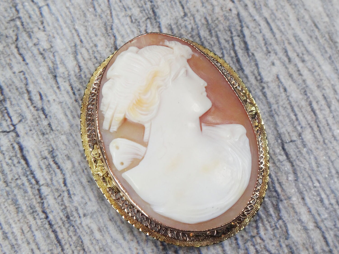 Large 10k Gold Shell Cameo Pendant Pin Hand Carved Goddess Psyche Butterfly Shell Cameo - Filigree Art Deco Circa 1920's