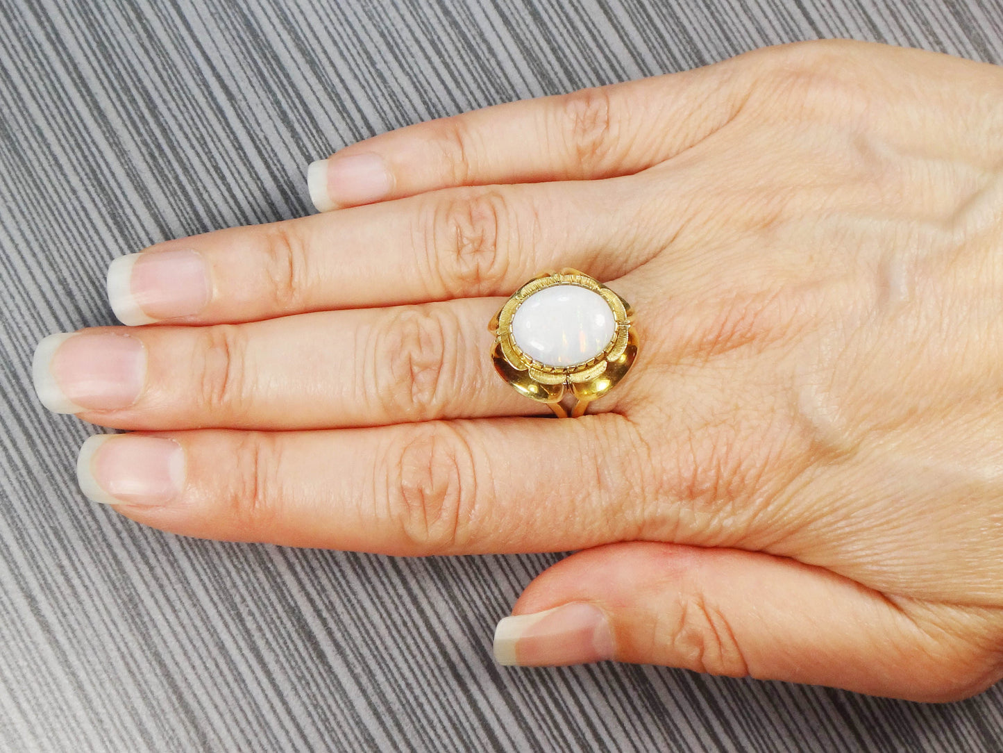 Vintage 14k Yellow Gold Natural Opal Ring - Large October Birthstone Floral Ring - Size 7 - Circa 1950