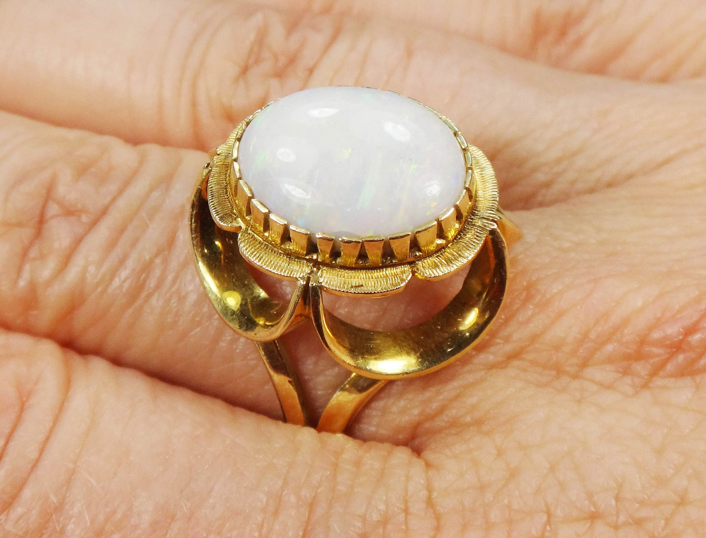 Vintage 14k Yellow Gold Natural Opal Ring - Large October Birthstone Floral Ring - Size 7 - Circa 1950