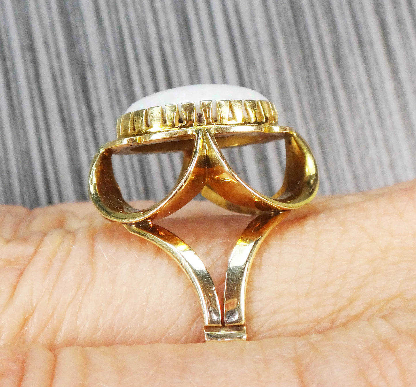 Vintage 14k Yellow Gold Natural Opal Ring - Large October Birthstone Floral Ring - Size 7 - Circa 1950