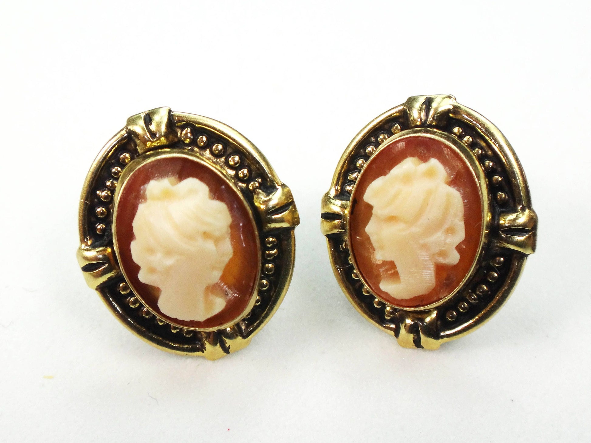 14k Gold Cameo Earrings with Post Backs - Small Studs - Vintage Fine Jewelry