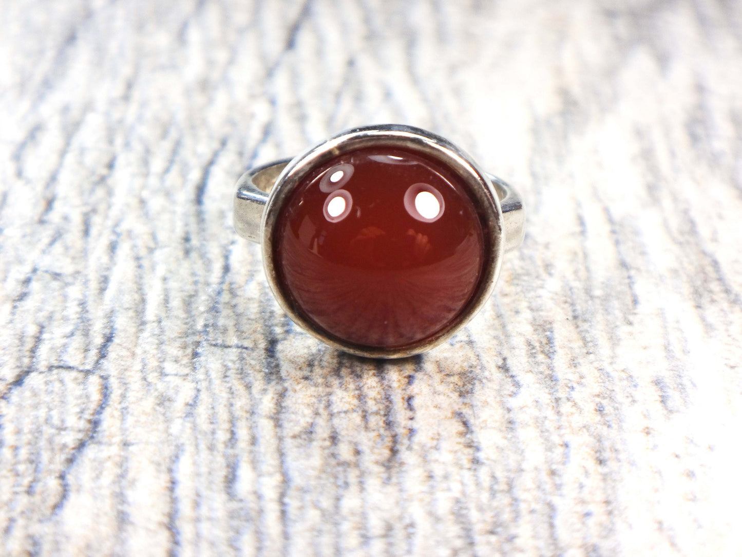 Vintage Sterling Silver Orange Glass Ring Round Imitation Carnelian Ring - Made in Israel