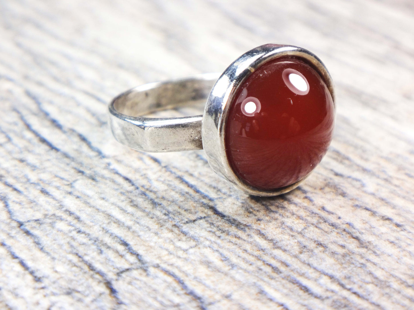 Vintage Sterling Silver Orange Glass Ring Round Imitation Carnelian Ring - Made in Israel