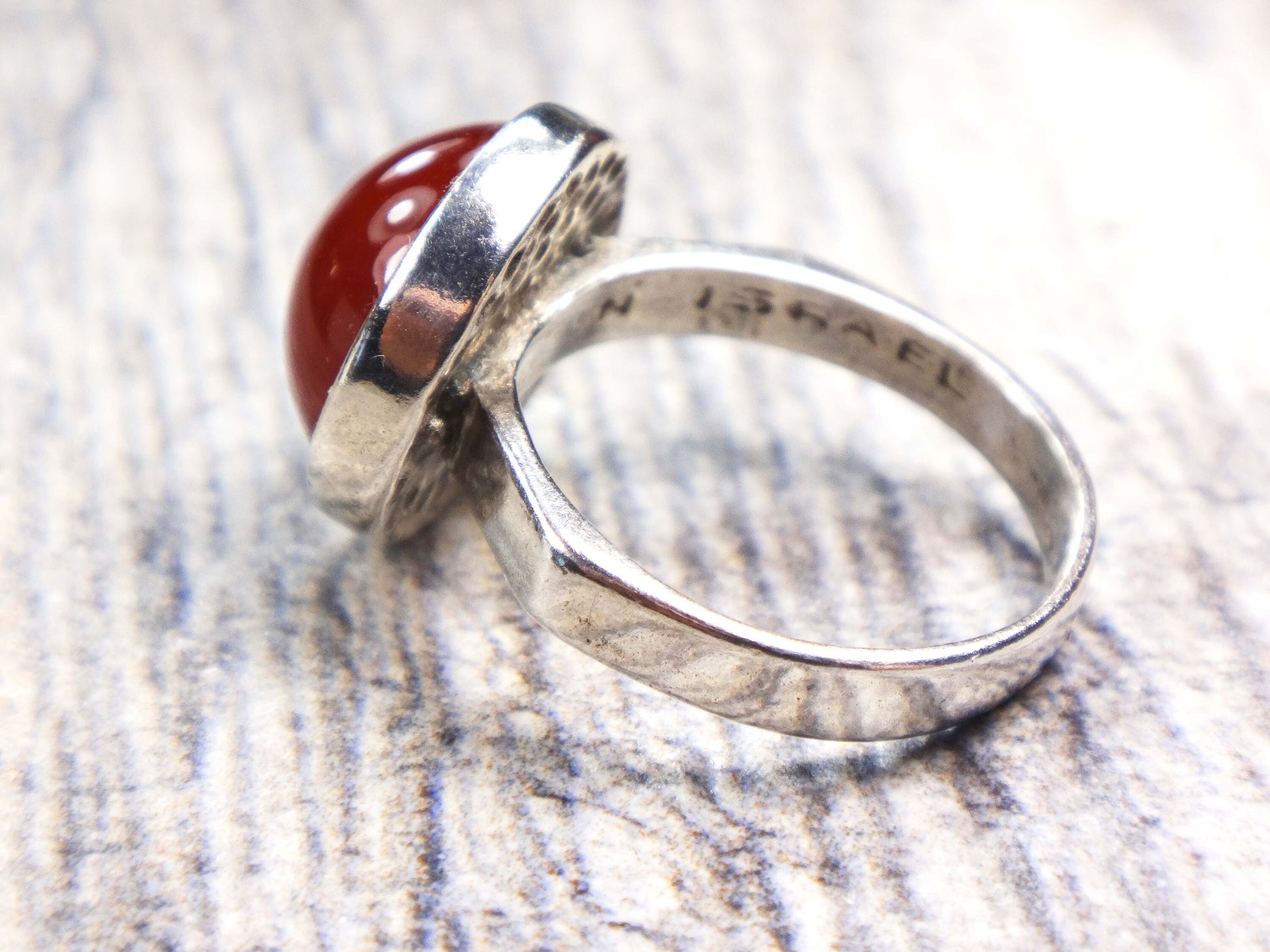 Vintage Sterling Silver Orange Glass Ring Round Imitation Carnelian Ring - Made in Israel