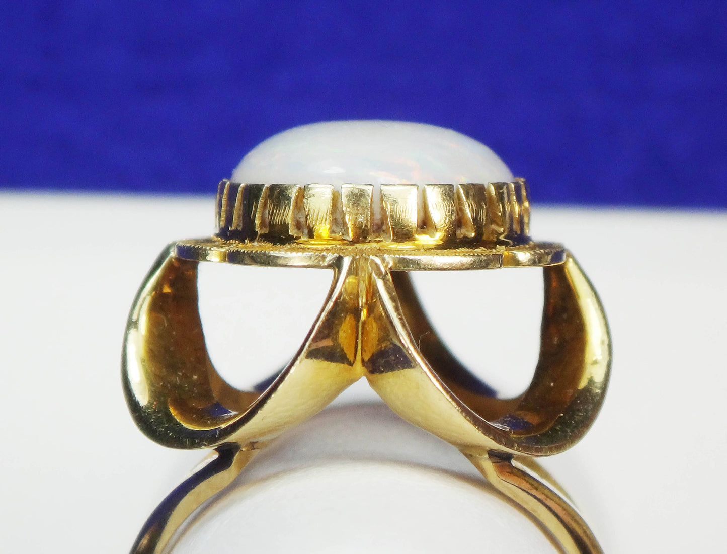 Vintage 14k Yellow Gold Natural Opal Ring - Large October Birthstone Floral Ring - Size 7 - Circa 1950