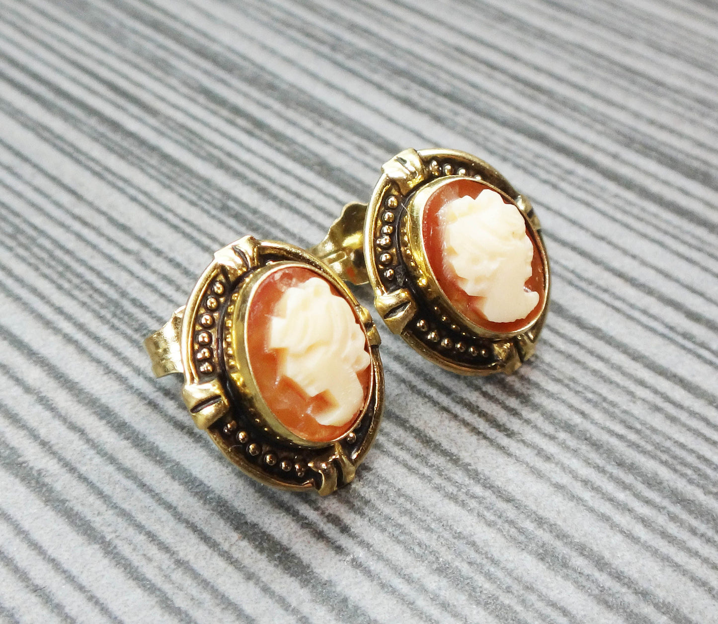 14k Gold Cameo Earrings with Post Backs - Small Studs - Vintage Fine Jewelry
