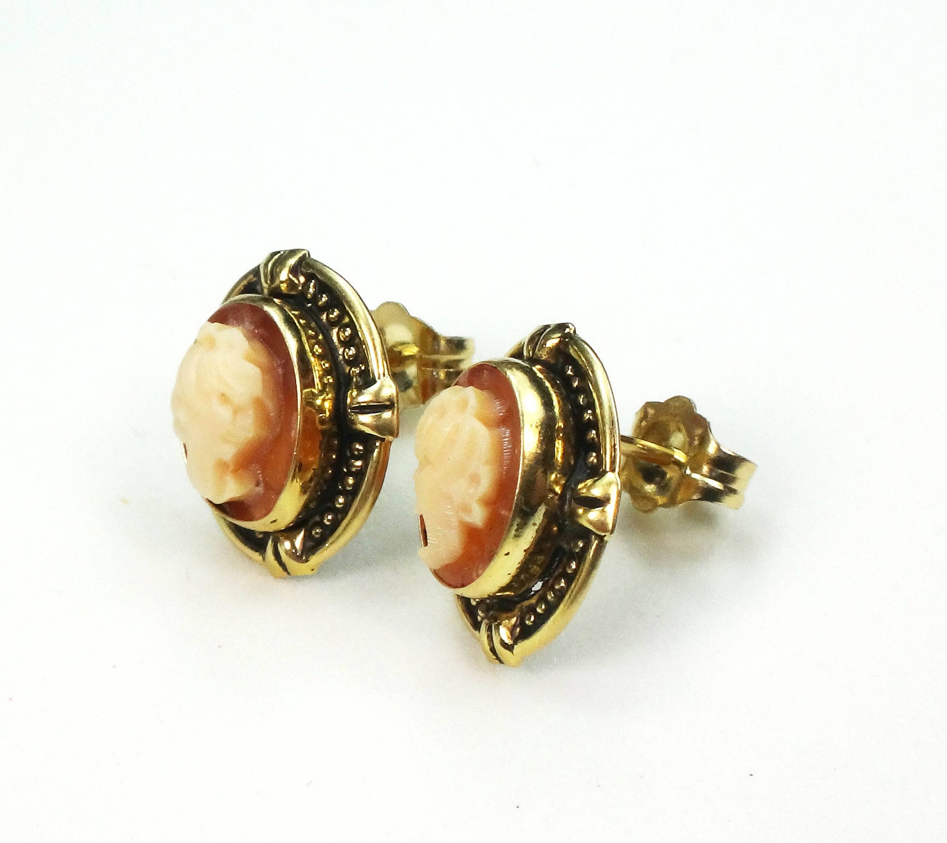 14k Gold Cameo Earrings with Post Backs - Small Studs - Vintage Fine Jewelry