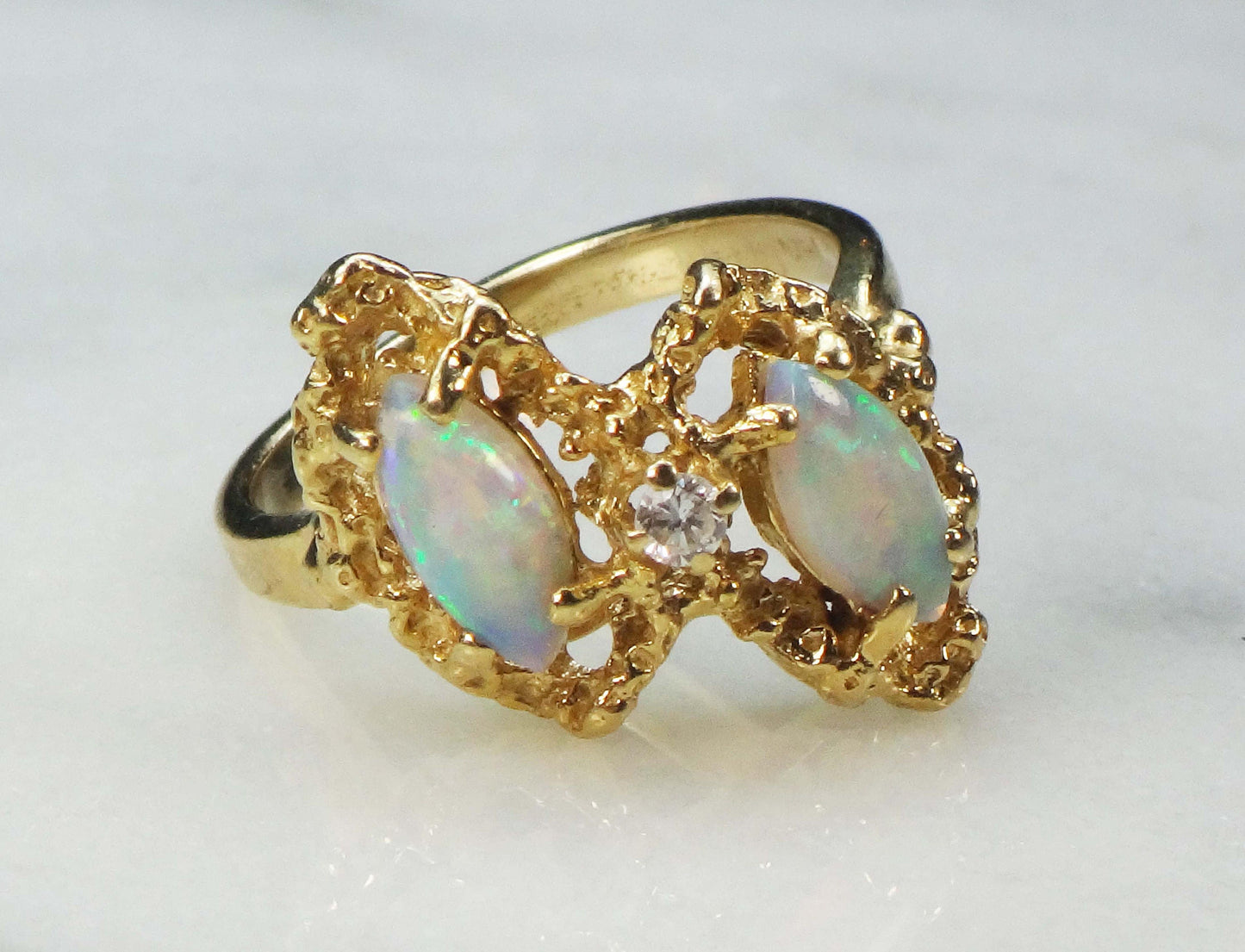 Vintage Two Marquise Opals and Diamond Ring 14k Yellow Gold Natural Australian Opal Ring - October Birthstone