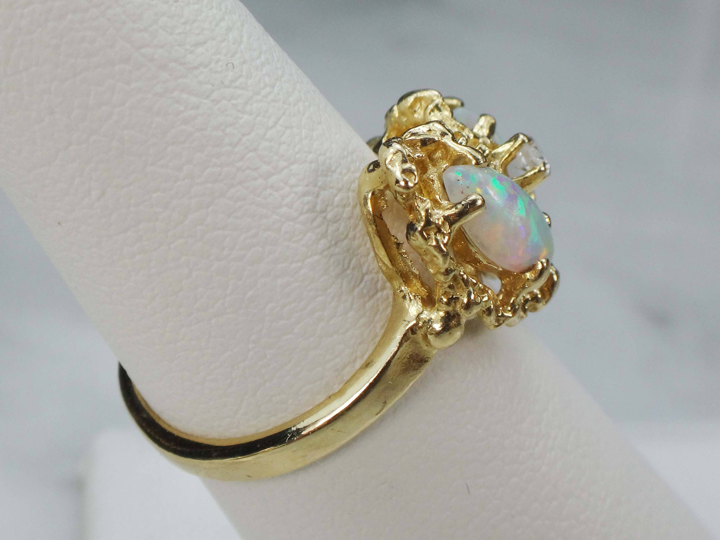 Vintage Two Marquise Opals and Diamond Ring 14k Yellow Gold Natural Australian Opal Ring - October Birthstone