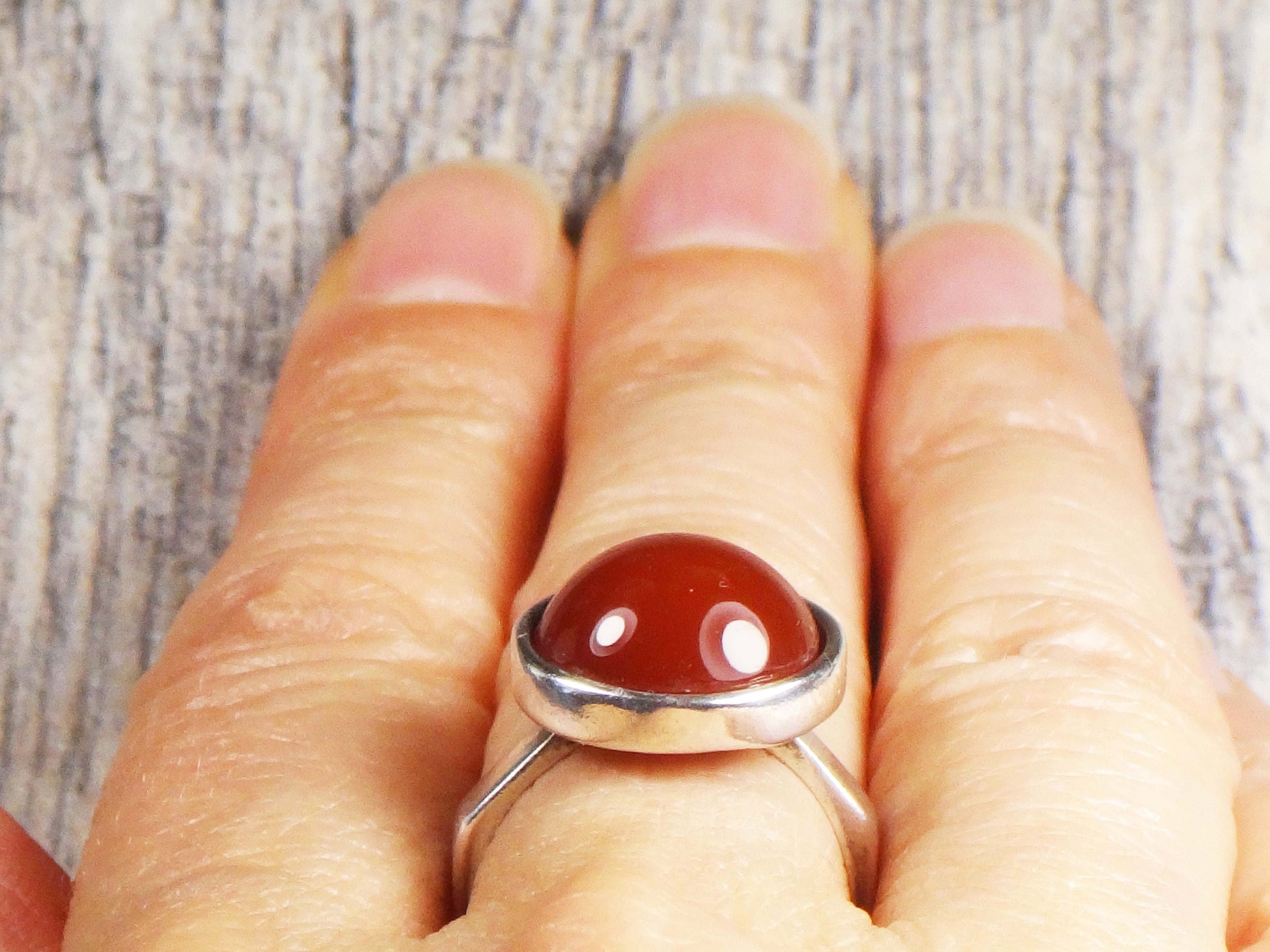 Vintage Sterling Silver Orange Glass Ring Round Imitation Carnelian Ring - Made in Israel