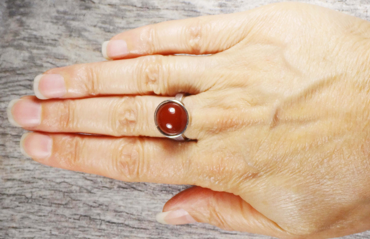 Vintage Sterling Silver Orange Glass Ring Round Imitation Carnelian Ring - Made in Israel