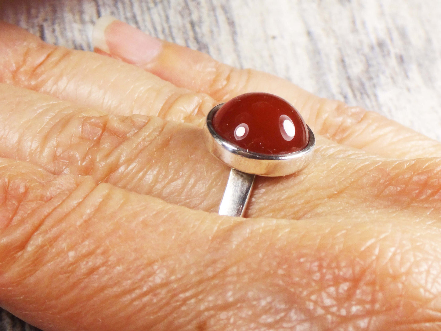 Vintage Sterling Silver Orange Glass Ring Round Imitation Carnelian Ring - Made in Israel