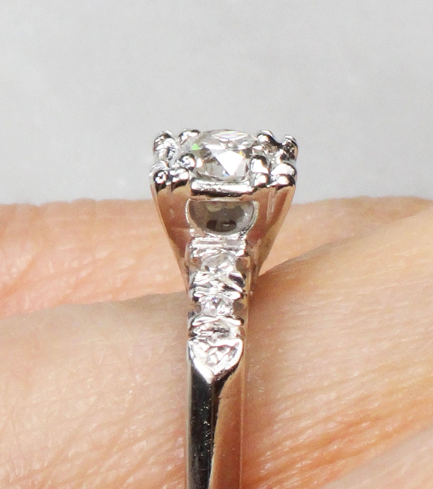 Vintage 14k White Gold Natural Old European Cut Diamond Engagement Ring Approx .33 CT Size 5.25