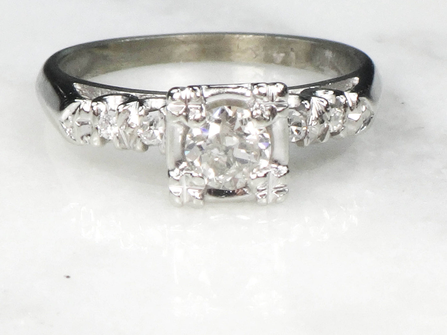Vintage 14k White Gold Natural Old European Cut Diamond Engagement Ring Approx .33 CT Size 5.25