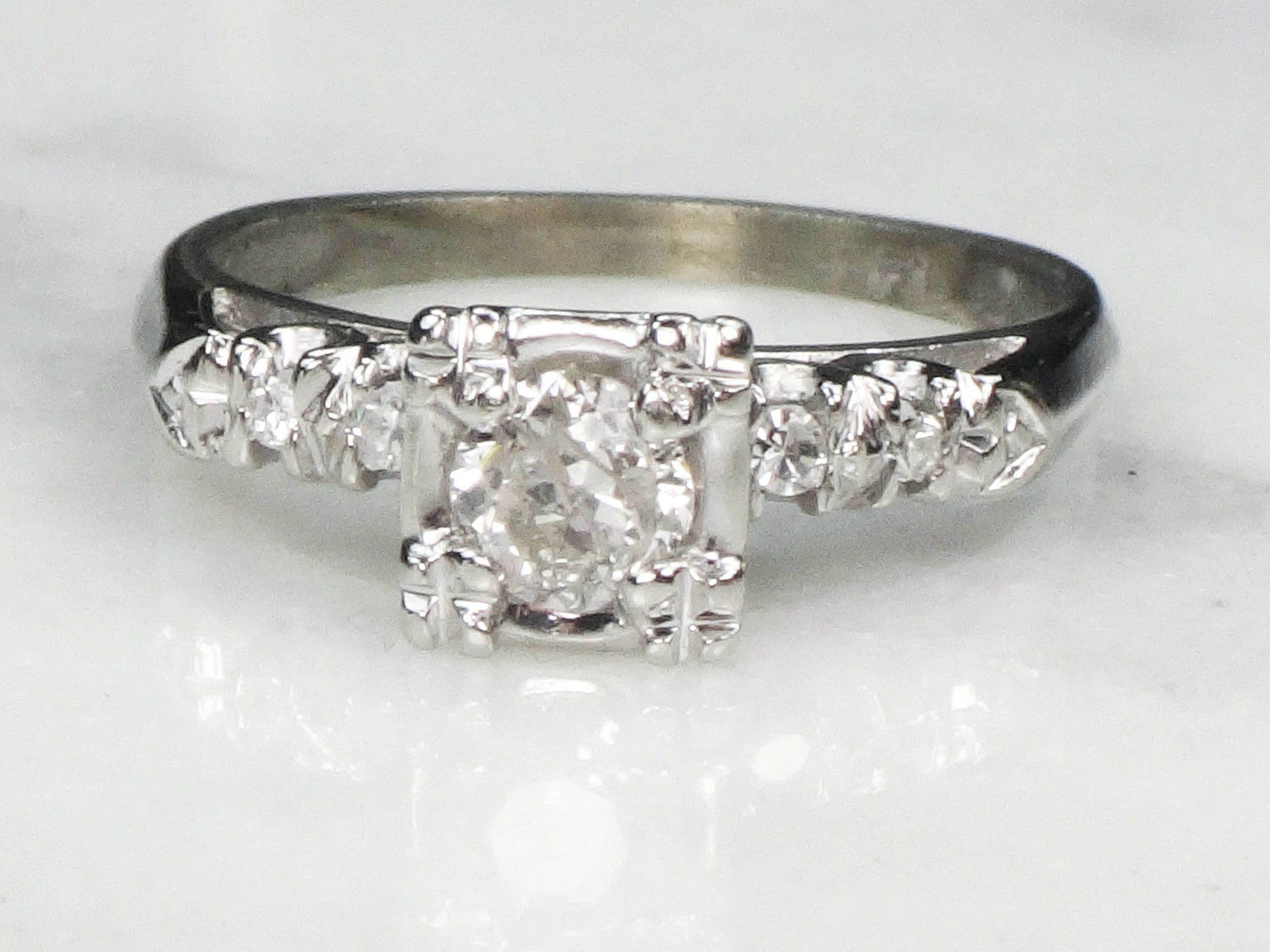 Vintage 14k White Gold Natural Old European Cut Diamond Engagement Ring Approx .33 CT Size 5.25